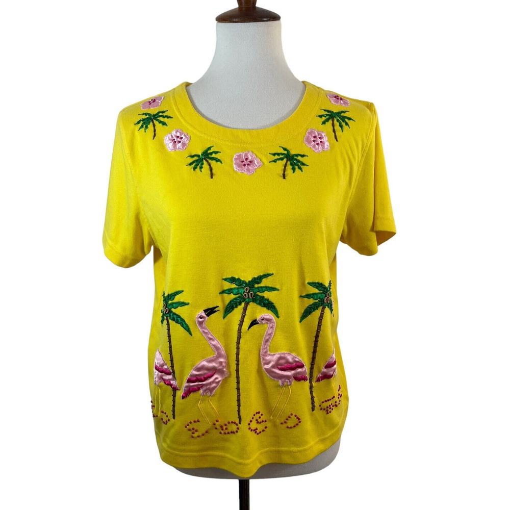 Princess Cruises Beaded Flamingo Palm Tree Yellow T-Shirt